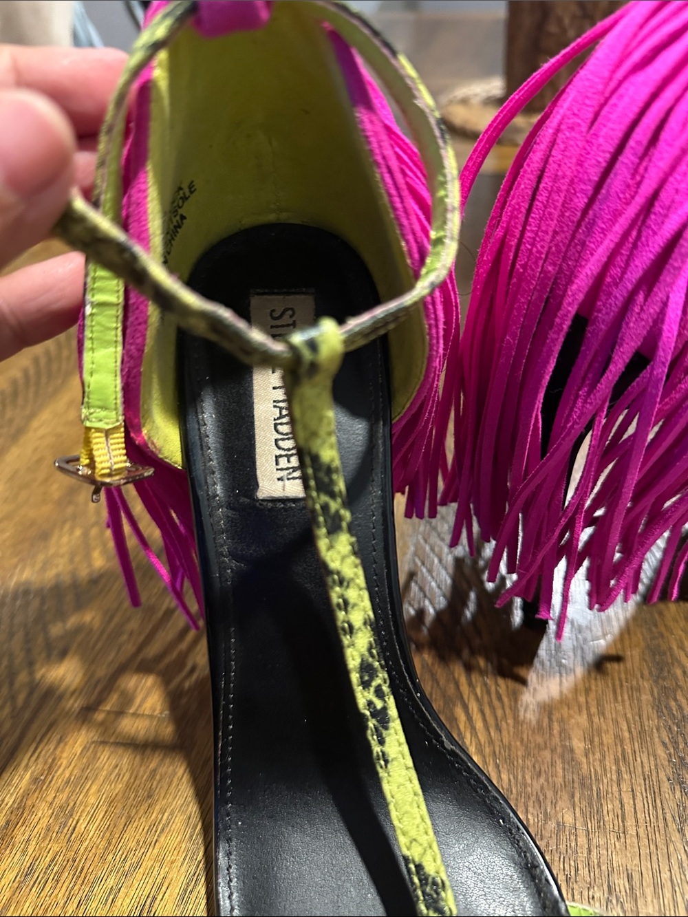 Steve Madden Neon Lime and Hot Pink Fringe T-Strap Heels - Picture 3 of 5